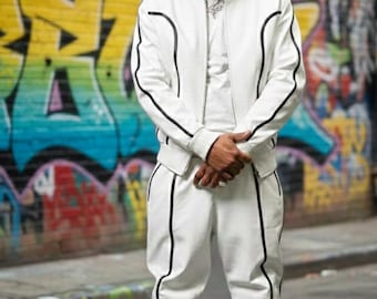 Chándal de cuero genuino blanco para hombre / Conjunto urbano de dos piezas estilo hip-hop: chaqueta y pantalón.