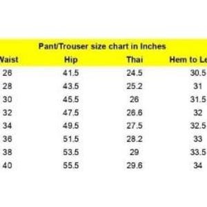 May include: A size chart for pants or trousers, with measurements in inches. The chart includes sizes S to 5XL, listing waist, hip, thigh, hem to length, and bottom measurements. The text "Pant/Trouser size chart in Inches" is at the top.