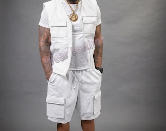 Conjunto de 2 piezas de chaleco y shorts cargo de cuero blanco para hombre
