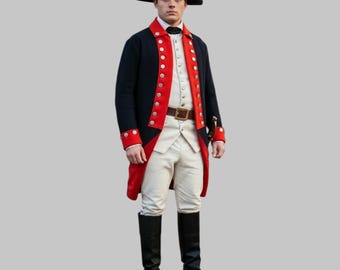 Uniforme de oficial estadounidense del siglo XVIII, casaca regimental de la Guerra de la Independencia, chaleco azul y rojo.