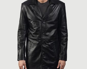 Abrigo de cuero negro de piel de cordero clásico de los años 90 para hombre, tipo gabardina, estilo blazer, de largo medio.
