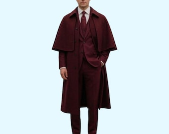 Abrigo tipo capa Inverness para hombre, tweed, Ulster, estilo ópera, Sherlock Holmes, lana victoriana color burdeos.