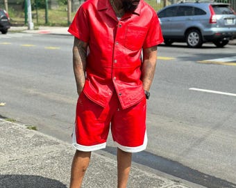 Conjunto de chaleco y pantalones cortos cargo de cuero genuino rojo para hombre - Ropa urbana hip hop