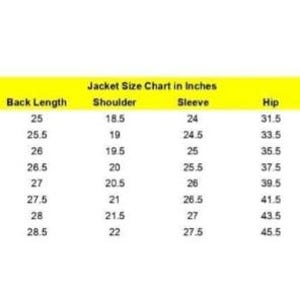 May include: A jacket size chart in inches, with measurements for chest, back length, shoulder, sleeve, hip, bicep, and cuff. Sizes range from S to 5XL, with corresponding measurements in inches.