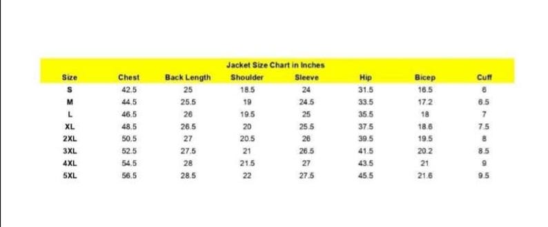 May include: A jacket size chart in inches, with measurements for chest, back length, shoulder, sleeve, hip, bicep, and cuff. Sizes range from S to 5XL, with corresponding measurements in inches.