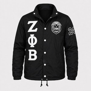 Zeta Phi Beta Line Jacket, Black ZΦB Sorority Coach Jacket, Custom Greek Letter Windbreaker, ZPB Crossing Jacket, Chapter Line Jacket Gift