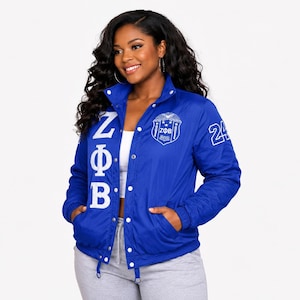Zeta Phi Beta Inspired Royal Blue Varsity Jacket, ΖΦΒ Sorority Puffer Jacket, Blue White Greek Letter Jacket, Divine Nine Sisterhood Gift