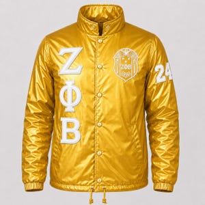 Zeta Phi Beta Metallic Gold Line Jacket, ZΦB Sorority Coach Jacket, Shiny Gold Greek Letter Windbreaker, Custom ZPB Crossing Jacket Gift