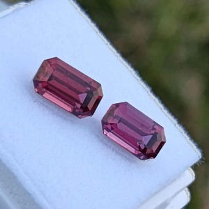 Può includere: Due gemme rettangolari sfaccettate con una profonda tonalità rosso-viola. Le gemme sono poste su una superficie bianca, mostrando la loro chiarezza e colore. Le gemme sono probabilmente tagliate per massimizzare la brillantezza e mostrare la loro struttura interna.