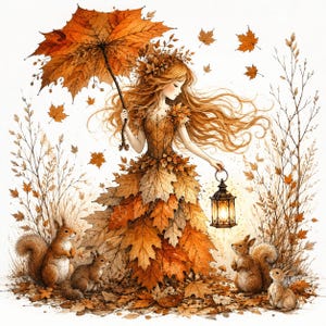 Peut inclure: Une illustration d'une silhouette aux longs cheveux portant une robe faite de feuilles d'automne orange et brunes, tenant un grand parapluie en feuille d'érable et une lanterne allumée, entourée d'écureuils et d'un lapin parmi le feuillage.