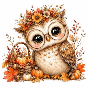 May include: A brown owl with large eyes wearing round glasses, adorned with a crown of autumn flowers and leaves. Beside the owl is a woven basket filled with orange pumpkins, acorns, and fall foliage, with more pumpkins and leaves scattered around.