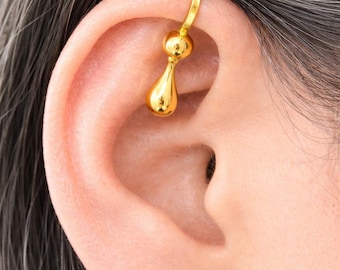 Gold Teardrop Ear Cuffs| No Piercing Ear Wrap| Minimalist Modern Drop Jewelry