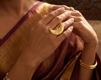 Gold Crescent Moon Ring – Brushed Textured Open Band Boho Jewelry