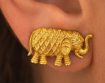 Textured Gold Elephant Stud Earrings| Lucky Animal Jewelry| Minimalist Design