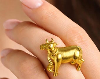 Golden Cow Statement Ring| Adjustable Animal Jewelry| Spiritual Ox Ring