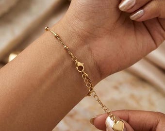 Beaded Satellite Bracelet | Heart Charm Dainty Minimal Jewelry | Layering Gift Women