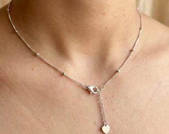 Silver Satellite Chain Necklace | Heart Charm Dainty Minimal Jewelry Gift Women