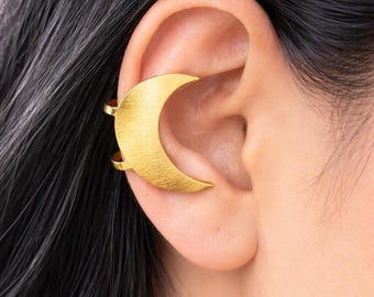 Gold Brass Crescent Moon Ear Cuff| No Piercing Ear Wrap| Celestial Boho Jewelry