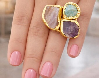 Bague en quartz rose, améthyste et amazonite| Déclaration | Bague ajustable en cristal de bohème | Cadeau de bijoux de guérison fait main