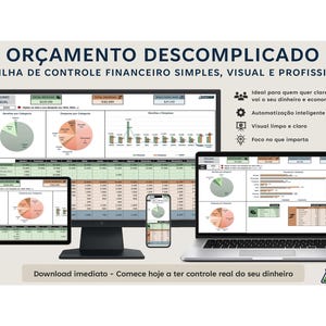 Pode incluir: Uma planilha de planejamento financeiro digital exibida em um monitor de desktop, laptop, tablet e smartphone. A planilha mostra gráficos e tabelas de dados. O texto na imagem diz "Orçamento Simplificado" e "Planilha de Controle Financeiro".