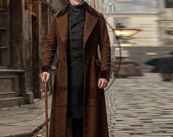 Abrigo largo victoriano marrón para hombre, abrigo de caballero del siglo XIX, gabardina steampunk.