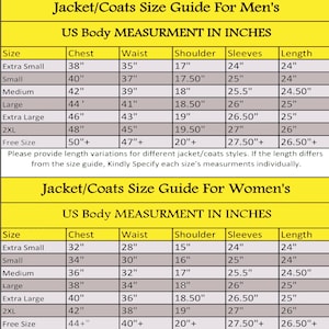 May include: A size guide for jackets and coats, with measurements in inches. The guide includes chest, waist, shoulder, sleeve, and length measurements for men's and women's sizes, from extra small to free size.