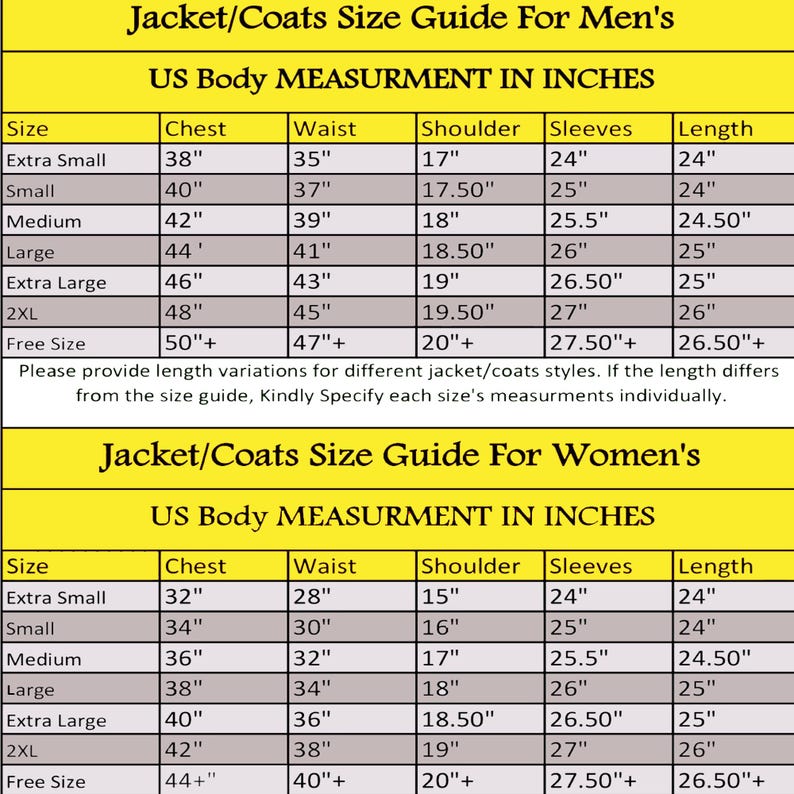 May include: A size guide for jackets and coats, with measurements in inches. The guide includes chest, waist, shoulder, sleeve, and length measurements for men's and women's sizes, from extra small to free size.
