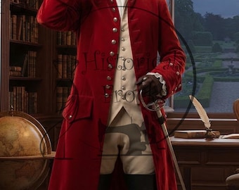 Puede incluir: Un abrigo largo rojo con botones plateados sobre un chaleco color crema y calzones a juego. El conjunto incluye una corbata blanca en el cuello, puños con volantes y botas negras. Una espada de plata con empuñadura se sostiene en la mano.