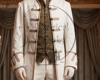 Puede incluir: Una chaqueta de estilo militar color crema con adornos y botones dorados, sobre un chaleco verde oliva oscuro con estampado y una corbata blanca. El conjunto incluye pantalones color crema a juego y guantes blancos para un aspecto formal.