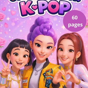 May include: A coloring book cover with the text "COLORING BOOK K-POP" and three smiling cartoon women. The cover has a purple background with hearts and roses. A purple circle indicates "60 pages".