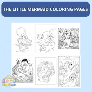 May include: Black and white coloring pages featuring scenes from "The Little Mermaid." The pages include illustrations of Ariel, Prince Eric, Flounder, and other characters. The title "THE LITTLE MERMAID COLORING PAGES" is displayed at the top.