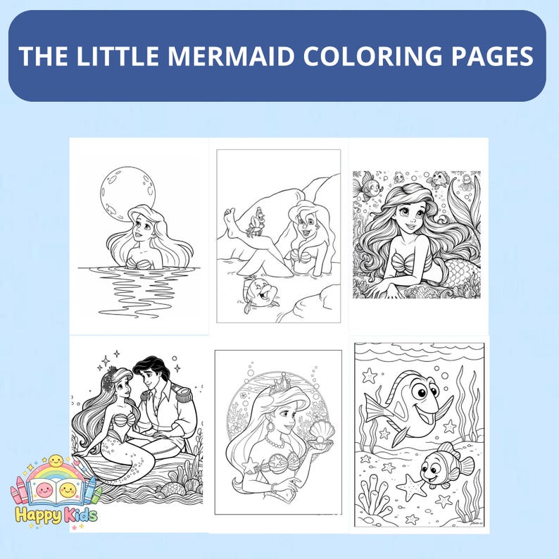 May include: Black and white coloring pages featuring scenes from "The Little Mermaid." The pages include illustrations of Ariel, Prince Eric, Flounder, and other characters. The title "THE LITTLE MERMAID COLORING PAGES" is displayed at the top.