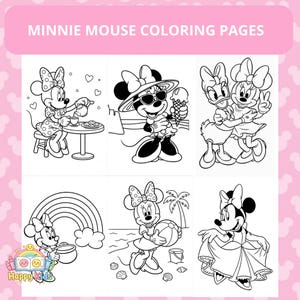 Op de afbeelding: Zwart-wit kleurplaten van Minnie Mouse. De pagina's tonen Minnie Mouse in verschillende sc&egrave;nes, waaronder thee drinken, ijs eten en spelen op het strand. De tekst "Minnie Mouse Coloring Pages" staat bovenaan.
