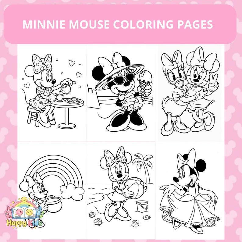Op de afbeelding: Zwart-wit kleurplaten van Minnie Mouse. De pagina's tonen Minnie Mouse in verschillende sc&egrave;nes, waaronder thee drinken, ijs eten en spelen op het strand. De tekst "Minnie Mouse Coloring Pages" staat bovenaan.