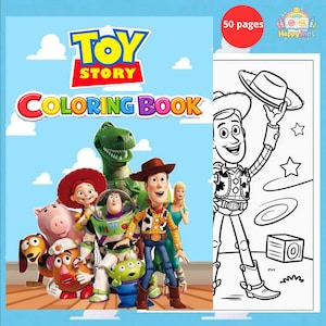 Puede incluir: Un libro para colorear de Toy Story con una portada azul que presenta personajes como Woody, Buzz Lightyear y Rex. El libro tiene el texto "Toy Story Coloring Book" y un recuento de 50 páginas. El lado derecho muestra una página para colorear en blanco y negro.