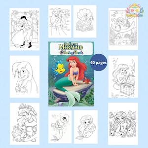 Puede incluir: Un libro para colorear titulado "The Little Mermaid Coloring Book" con 60 páginas, rodeado de dibujos lineales en blanco y negro de personajes de la película. La portada presenta a Ariel, Flounder y Sebastián. El fondo es azul claro.