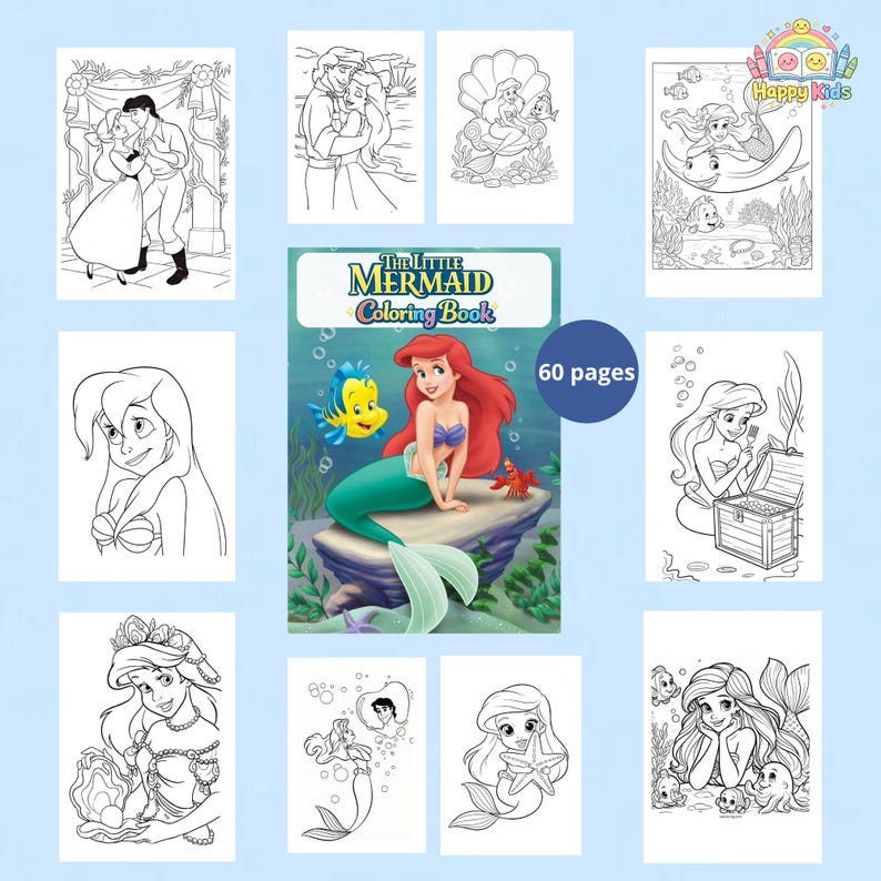 May include: A coloring book titled "The Little Mermaid Coloring Book" with 60 pages, surrounded by black and white line drawings of characters from the movie. The cover features Ariel, Flounder, and Sebastian. The background is a light blue.