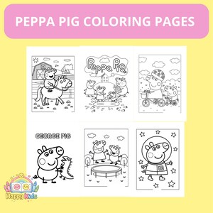 May include: A collection of Peppa Pig coloring pages. The pages feature various scenes with Peppa Pig and her family, including riding a horse, playing in puddles, and riding a bicycle. The text "PEPPA PIG COLORING PAGES" is at the top.