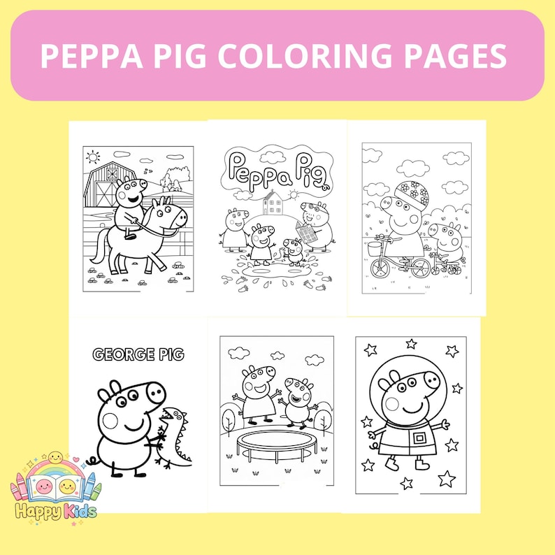 May include: A collection of Peppa Pig coloring pages. The pages feature various scenes with Peppa Pig and her family, including riding a horse, playing in puddles, and riding a bicycle. The text "PEPPA PIG COLORING PAGES" is at the top.