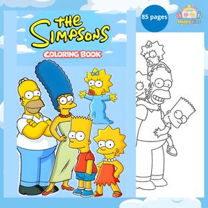 May include: A coloring book featuring the Simpsons family. The cover displays the characters Homer, Marge, Bart, Lisa, and Maggie in vibrant colors. The book includes 85 pages of black and white illustrations for coloring.