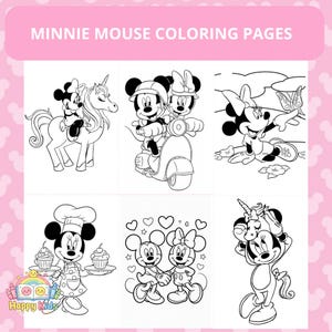 Op de afbeelding: Een verzameling Minnie Mouse kleurplaten. De pagina's tonen verschillende sc&egrave;nes met Minnie Mouse en Mickey Mouse, waaronder het berijden van een eenhoorn, het besturen van een scooter en het vasthouden van cupcakes. De tekst "MINNIE MOUSE COLORING PAGES" staat bovenaan.