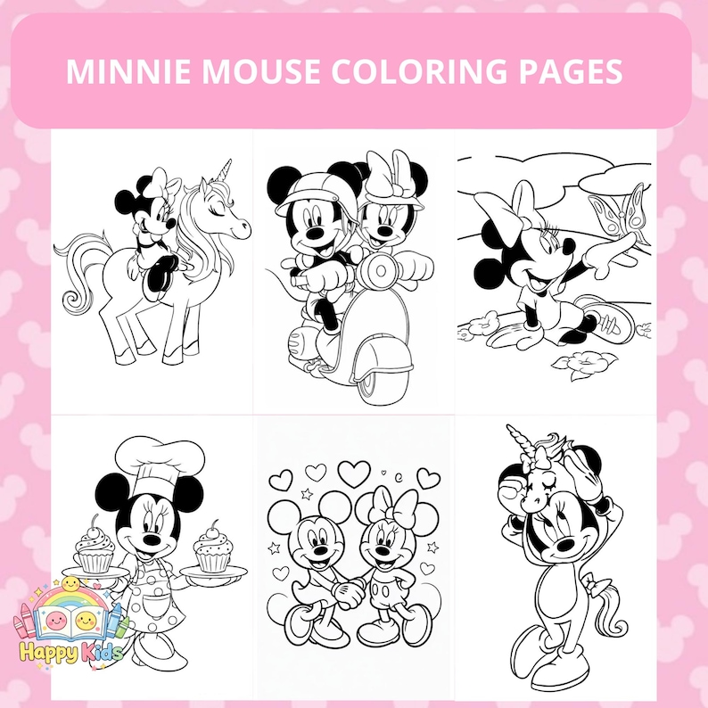 Op de afbeelding: Een verzameling Minnie Mouse kleurplaten. De pagina's tonen verschillende sc&egrave;nes met Minnie Mouse en Mickey Mouse, waaronder het berijden van een eenhoorn, het besturen van een scooter en het vasthouden van cupcakes. De tekst "MINNIE MOUSE COLORING PAGES" staat bovenaan.