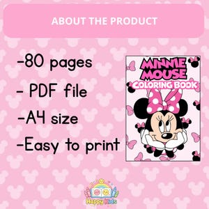 Op de afbeelding: Een roze Minnie Mouse kleurboek met de tekst "MINNIE MOUSE COLORING BOOK". Het boek heeft 80 pagina's, is een PDF-bestand, A4-formaat en gemakkelijk af te drukken. De achtergrond is roze met Minnie Mouse silhouetten.