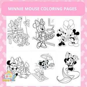 Op de afbeelding: Kleurplaten van Minnie Mouse met verschillende sc&egrave;nes met Minnie Mouse en haar vrienden. De pagina's bevatten afbeeldingen van Minnie Mouse op een bank, aan het bakken, met ballonnen, met een zonnebril, op het strand en als zeemeermin. De tekst "Minnie Mouse Coloring Pages" staat bovenaan.