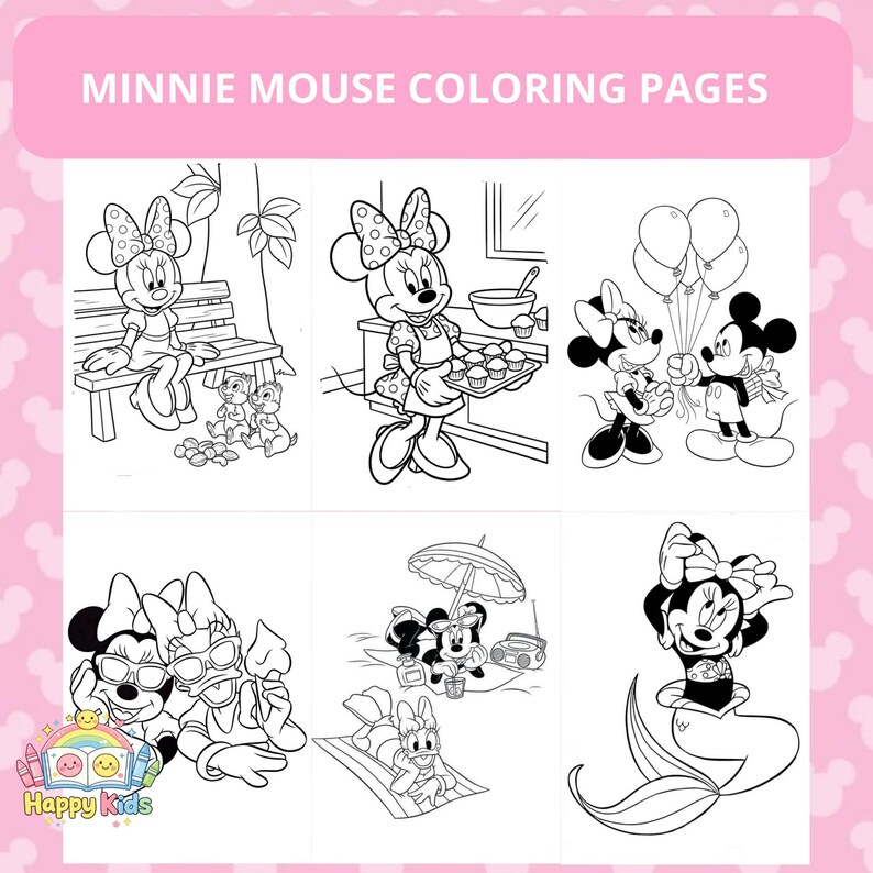 Op de afbeelding: Kleurplaten van Minnie Mouse met verschillende sc&egrave;nes met Minnie Mouse en haar vrienden. De pagina's bevatten afbeeldingen van Minnie Mouse op een bank, aan het bakken, met ballonnen, met een zonnebril, op het strand en als zeemeermin. De tekst "Minnie Mouse Coloring Pages" staat bovenaan.