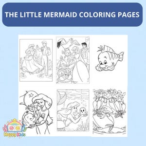 May include: A collection of black and white coloring pages featuring characters and scenes from "The Little Mermaid." The pages include Ariel, Prince Eric, Flounder, and other characters. The title "THE LITTLE MERMAID COLORING PAGES" is displayed at the top.