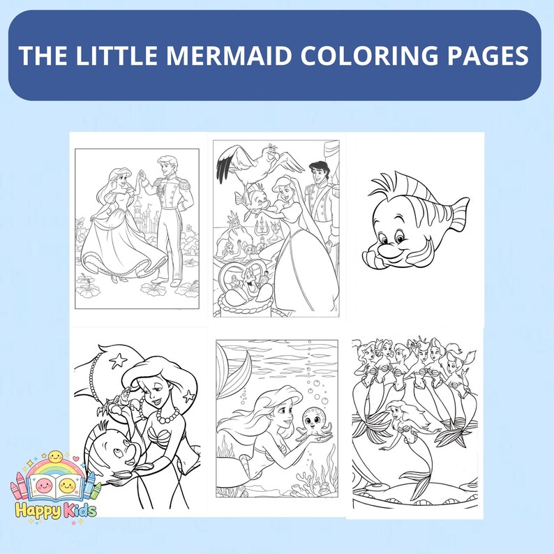 May include: A collection of black and white coloring pages featuring characters and scenes from "The Little Mermaid." The pages include Ariel, Prince Eric, Flounder, and other characters. The title "THE LITTLE MERMAID COLORING PAGES" is displayed at the top.