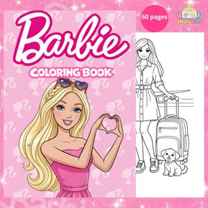 May include: A pink Barbie coloring book with the text "Barbie Coloring Book" in white. The cover features a blonde Barbie with sunglasses making a heart shape with her hands. The book has 60 pages and a black and white illustration of Barbie with a suitcase.