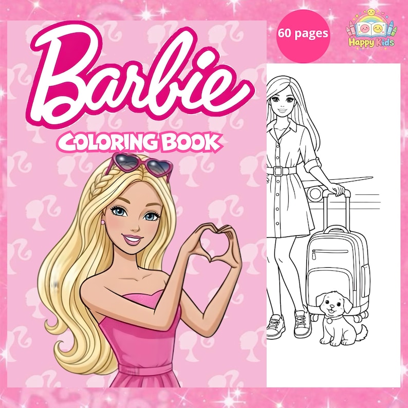 May include: A pink Barbie coloring book with the text "Barbie Coloring Book" in white. The cover features a blonde Barbie with sunglasses making a heart shape with her hands. The book has 60 pages and a black and white illustration of Barbie with a suitcase.