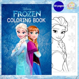 May include: A "Frozen" coloring book with Elsa and Anna on the cover. The cover is blue with the words "Frozen Coloring Book". The book has 50 pages and features a black and white illustration of Elsa on the right side.